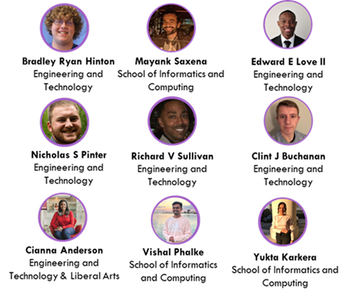 Profile pictures of the students involved in the Automated Food Delivery System arranged in a three-by-three grid. The students are Bradley Ryan Hinton, Mayank Saxena, Edward E. Love II, Nicholas S. Pinter, Richard V. Sullivan, Clint J Buchan, Cianna Anderson, Vishal Phalke, and Yukta Karkera. 