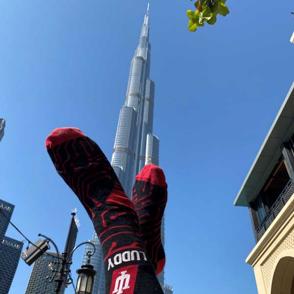 Luddy Socks in front of a building